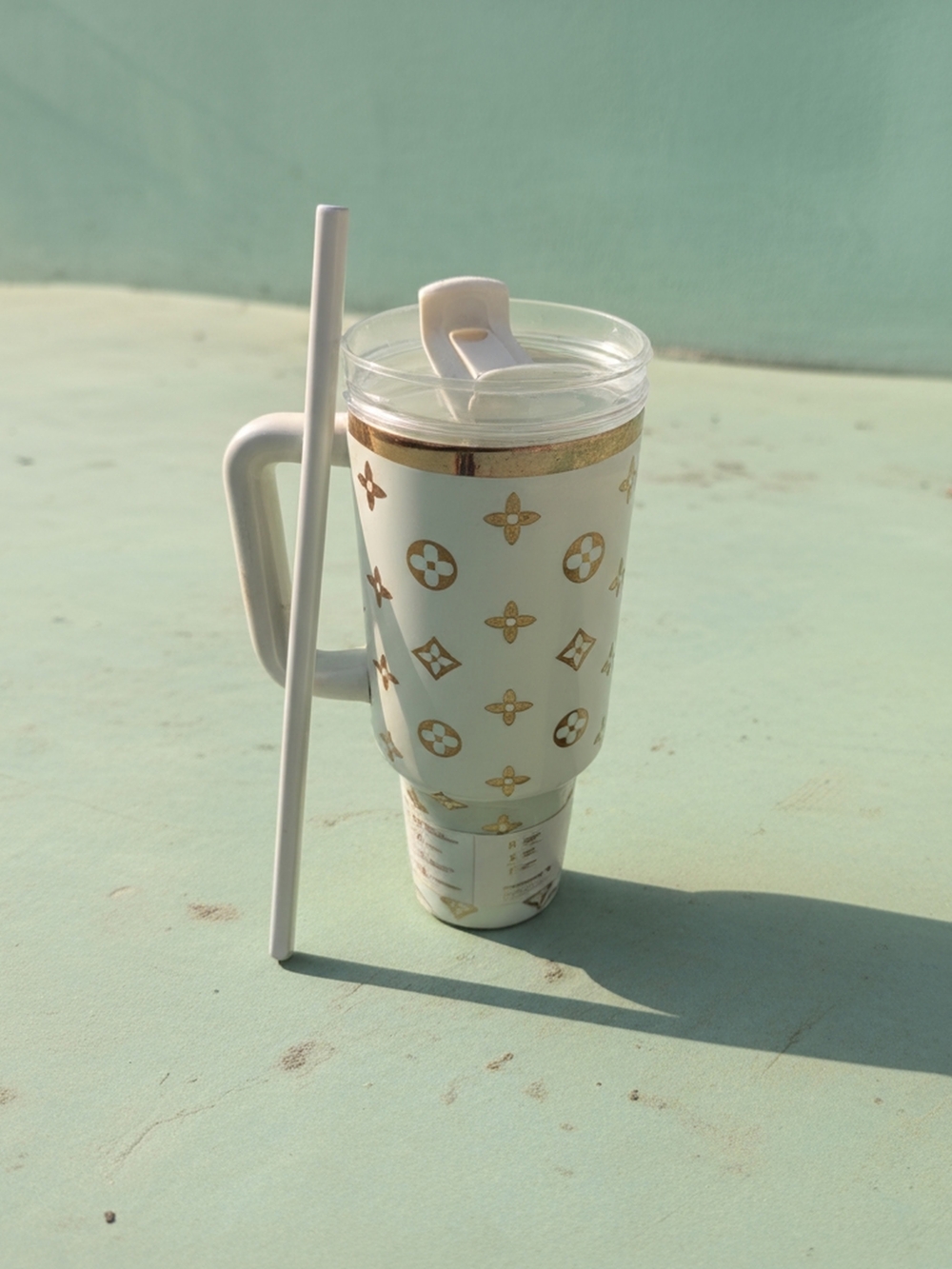 White and Gold Patterned Travel Mug with Handle